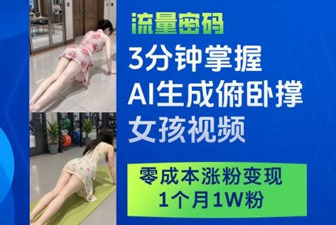 3分钟掌握AI生成俯卧撑女孩视频，零成本涨粉变现，1个月1W粉-轻创副业圈