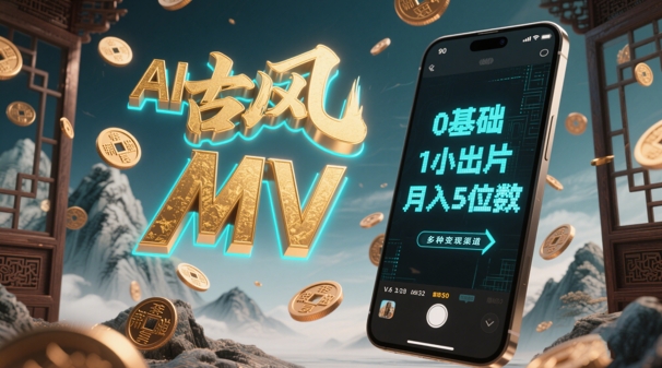 AI一键生成古风音乐MV，0剪辑基础1小时出片，多种变现渠道，一部手机月入5位数-轻创副业圈