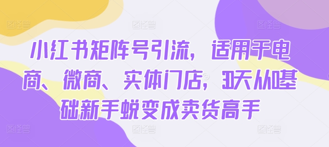 小红书矩阵号引流，适用于电商、微商、实体门店，30天从0基础新手蜕变成卖货高手-轻创副业圈