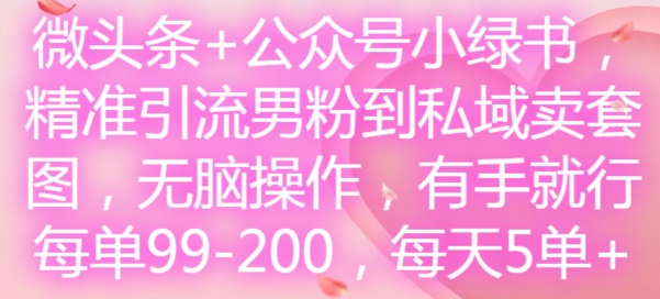 微头条+公众号小绿书，精准引流男粉到私域卖套图，无脑操作，有手就行，每单99-200，每天5单-轻创副业圈
