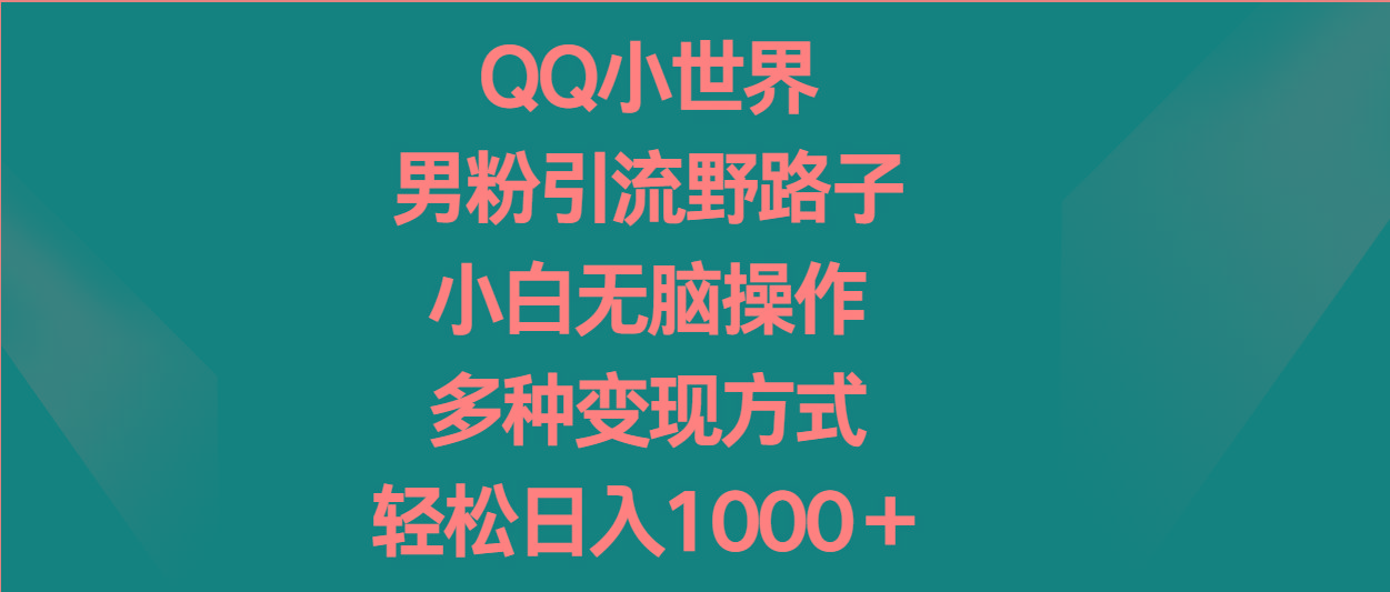 QQ小世界男粉引流野路子，小白无脑操作，多种变现方式轻松日入1000＋-轻创副业圈