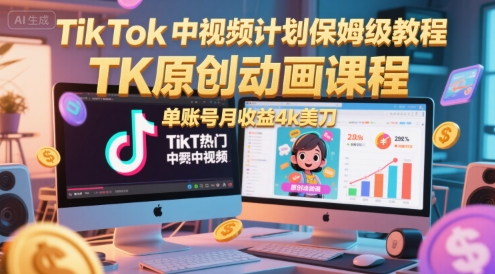TikTok中视频计划保姆级教程，TK原创动画课程，单账号月收益4k美刀-轻创副业圈