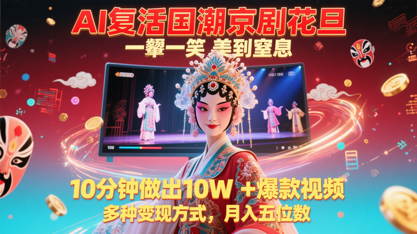 AI复活国潮京剧花旦，一颦一笑美到窒息，10分钟做出10W+爆款视频，多种变现方式-轻创副业圈