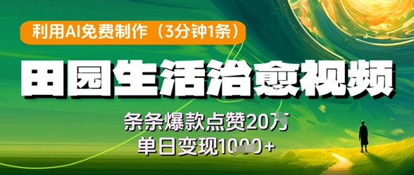 利用AI免费制作田园生活治愈视频，条条爆款点赞20W，单日变现几张-轻创副业圈