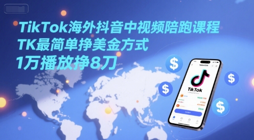 TikTok海外抖音中视频陪跑课程，TK最简单挣美金方式，1万播放挣8刀-轻创副业圈