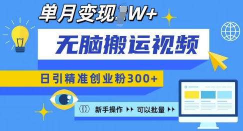 无脑搬运视频号可批量复制，新手即可操作，日引精准创业粉300+，月变现过W 【揭秘】-轻创副业圈