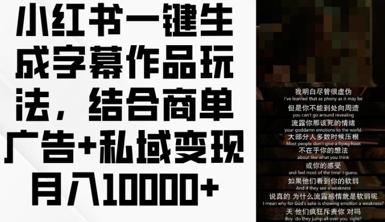 小红书一键生成字幕作品玩法，结合商单广告+私域变现月入1w+【揭秘】-轻创副业圈