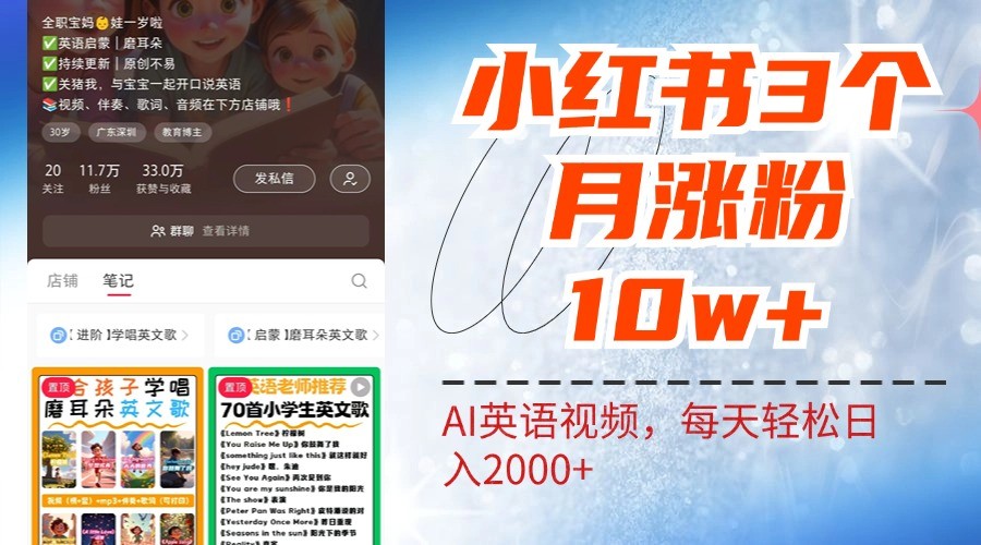 小红书三个月涨粉10W，AI英语视频0成本制作，每天轻松日入2000+-轻创副业圈