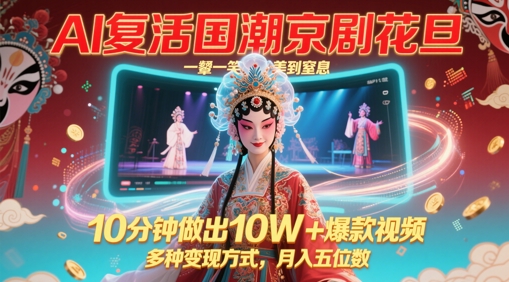 AI复活国潮京剧花旦，一颦一笑美到窒息，10分钟做出10W+爆款视频，多种变现方式，月入五位数-轻创副业圈