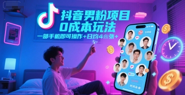 抖音男粉项目0成本玩法，一部手机即可操作，日均4张+，时间自由-轻创副业圈
