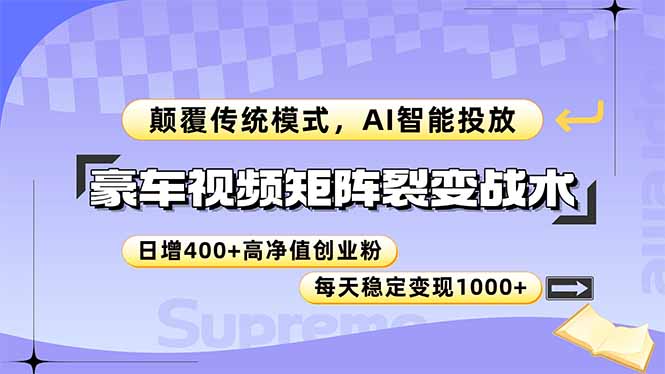 豪车视频矩阵裂变战术，颠覆传统模式，AI智能投放，日增400+高净值创业…-轻创副业圈