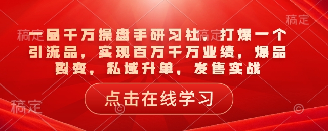 一品千万操盘手研习社，打爆一个引流品，实现百万千万业绩，爆品裂变，私域升单，发售实战-轻创副业圈