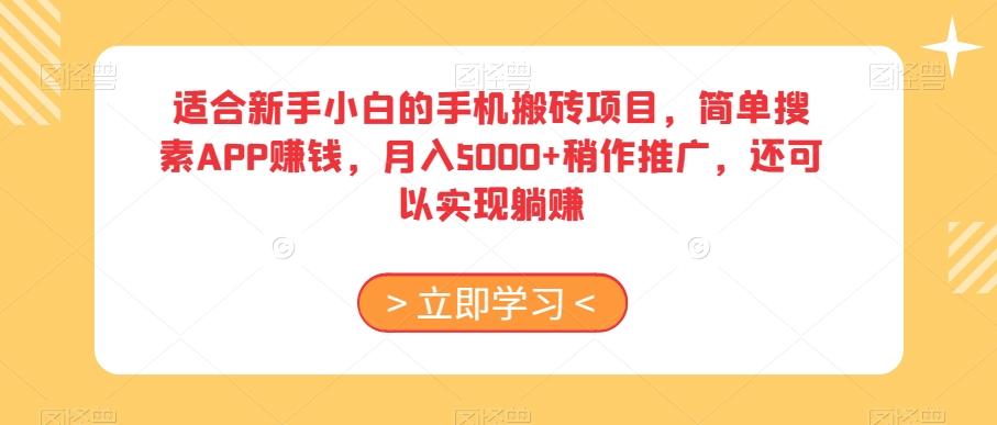 适合新手小白的手机搬砖项目，简单搜素APP赚钱，月入5000+稍作推广，还可以实现躺赚【揭秘】-轻创副业圈