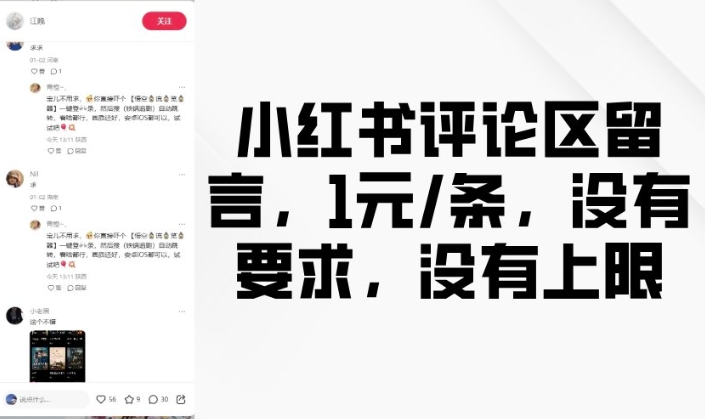 小红书评论区留言，1元条，没有要求，没有上限-轻创副业圈