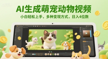 AI生成萌宠动物视频，小白轻松上手，多种变现方式，日入4位数-轻创副业圈