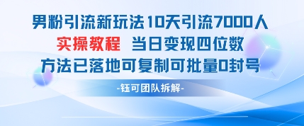 男粉引流新玩法10天引流7000人当日变现四位数可复制可批量0封号-轻创副业圈
