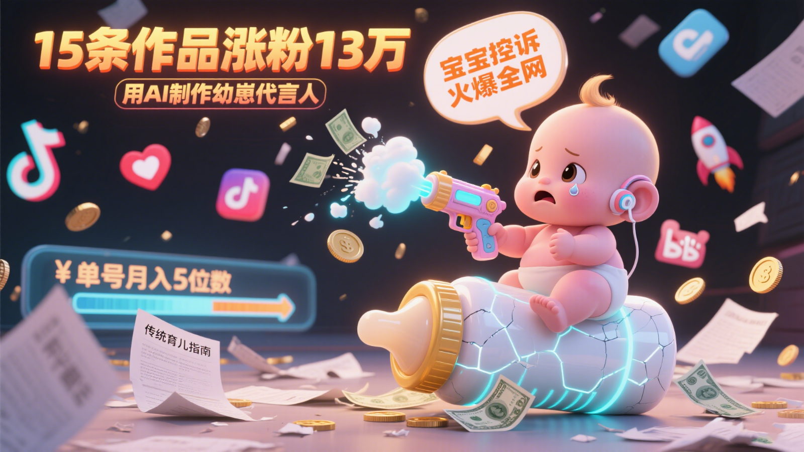 用AI制作幼崽代言人，宝宝的控诉火爆全网，15条作品涨粉13万，单号月入5位数实操教程-轻创副业圈