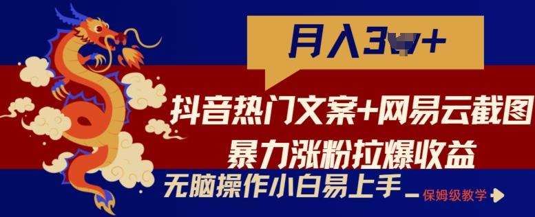 抖音热门文案+网易云截图暴力涨粉拉爆收益玩法，小白无脑操作，简单易上手【揭秘】-轻创副业圈