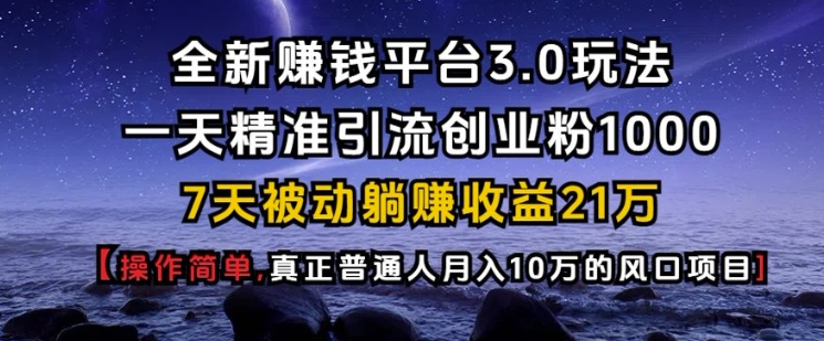 全新赚钱平台3.0玩法一天精准引流创业粉1000.7天被动躺Z收益21W【仅揭秘】-轻创副业圈