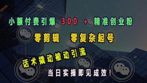 小额付费引爆 300 + 精准创业粉，零剪辑、零复杂起号，话术撬动被动引流，当日实操即见成效-轻创副业圈