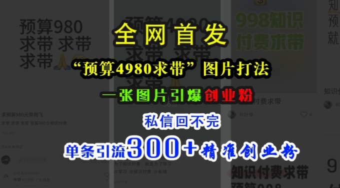 小红书“预算4980带我飞”图片打法，一张图片引爆创业粉，私信回不完，单条引流300+精准创业粉-轻创副业圈
