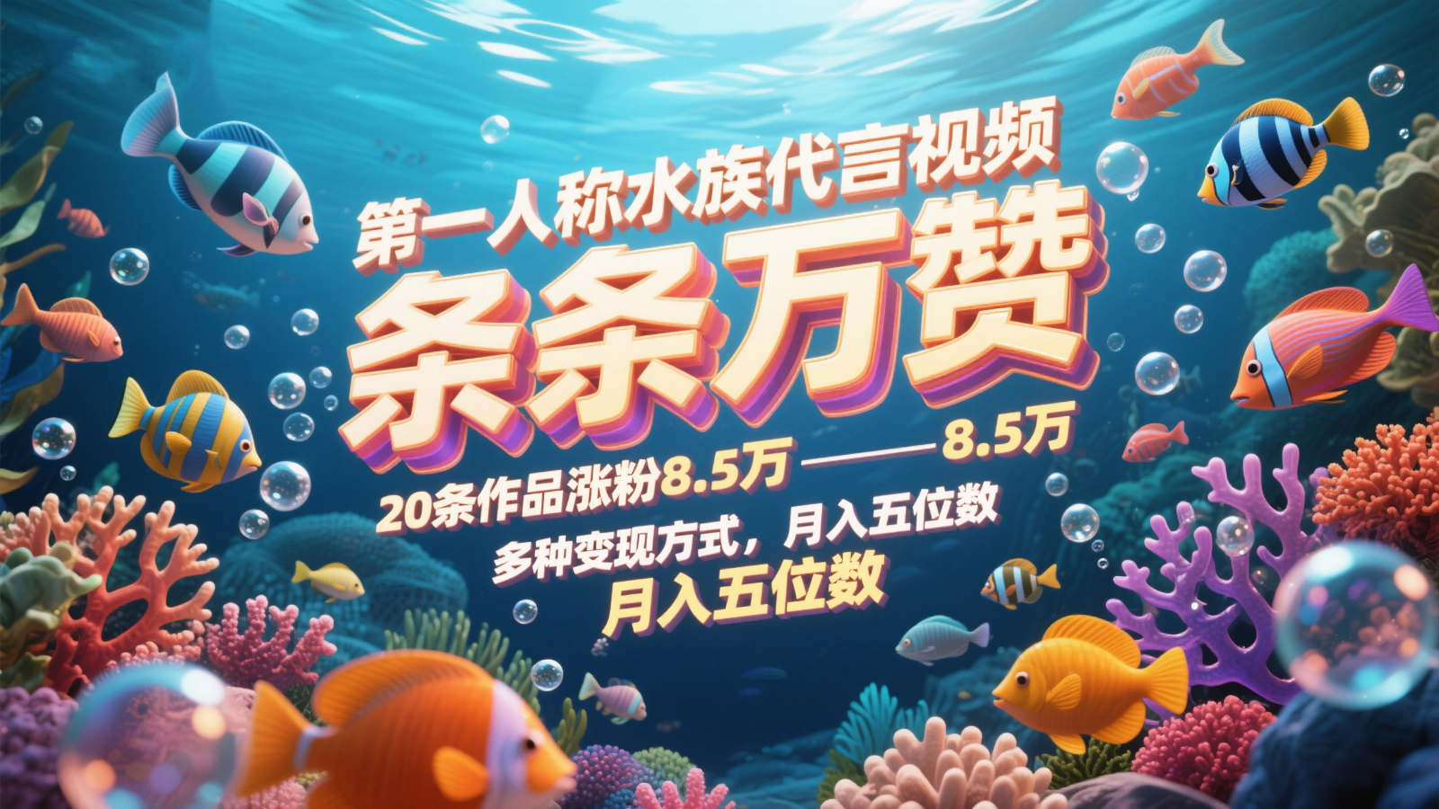 第一人称水族代言视频，条条万赞，20条作品涨粉8.5万，多种变现方式月，入五位数-轻创副业圈