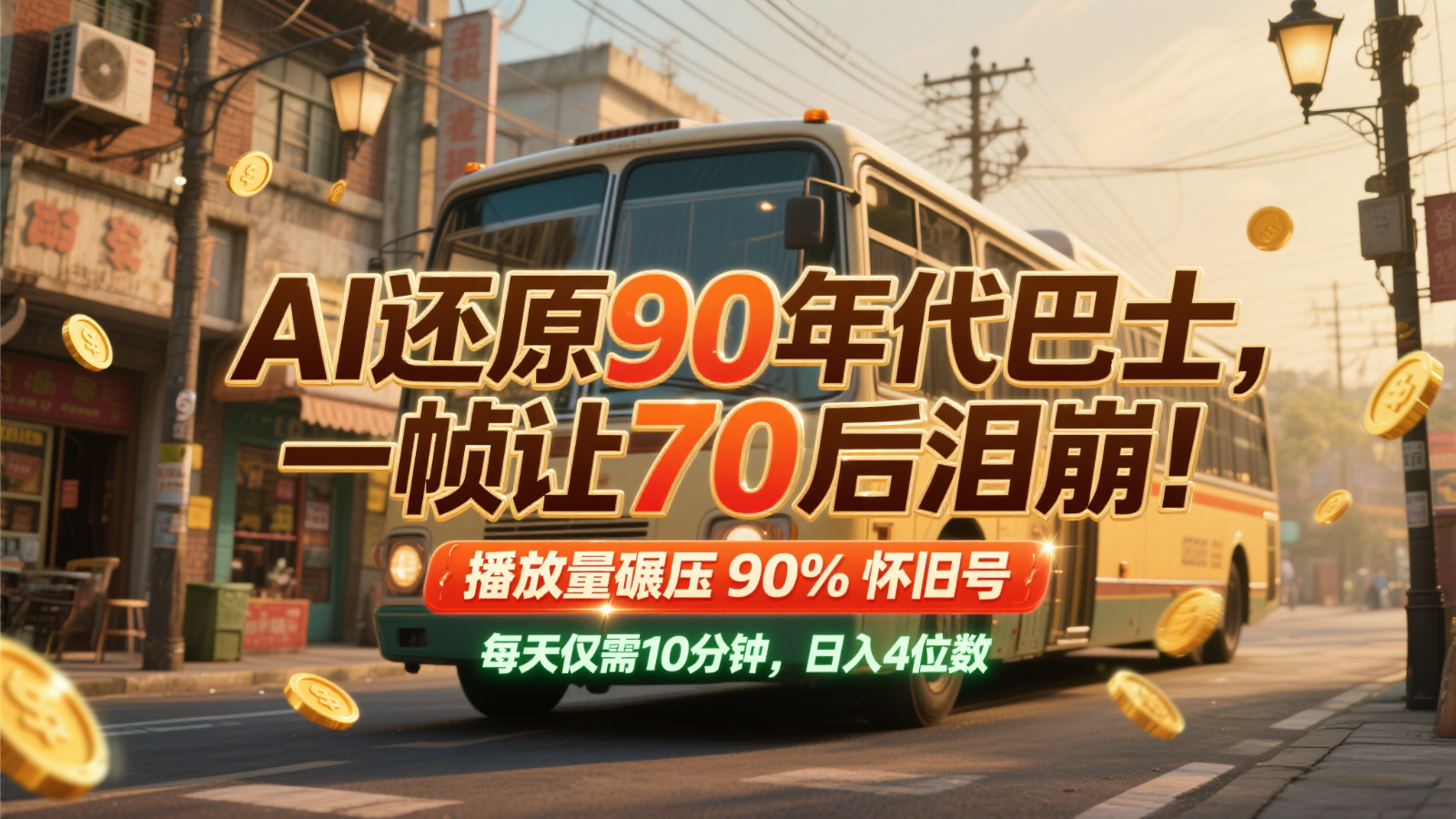 AI还原90年代巴士，一帧让70后泪崩！播放量碾压90%怀旧号，每天10分钟，日入4位数-轻创副业圈