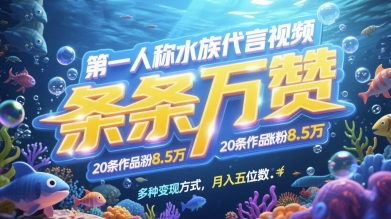 第一人称水族代言视频，条条万赞，20条作品涨粉7.8W，多种变现方式月入五位数-轻创副业圈
